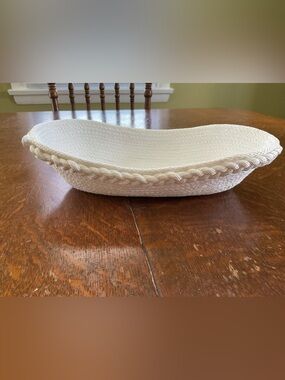 Handmade Coiled Cotton Rope Oval Bowl w/ Braided Trim